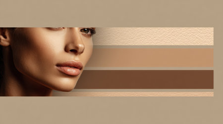 A textured skin tones gradient bar features various shades alongside a space for personalized messaging. This design emphasizes inclusion in beauty.の素材