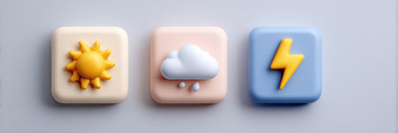 Brightly colored icons depict sunny, rainy, and stormy weather, illustrating the variety of weather conditions in a playful and modern design.の素材