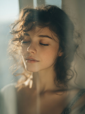A face illuminated by natural daylight near a window, capturing a peaceful moment in a minimally designed space with a blurred backdrop.の素材