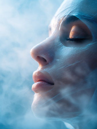 A person relaxes while wearing a sheet mask, surrounded by soft steam in a calming blue setting that promotes a sense of peace and rejuvenation.の素材