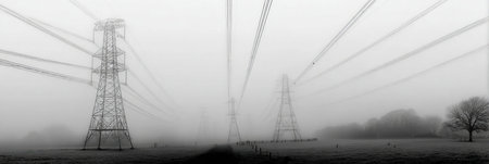 Fog blankets the landscape as towering power lines extend into the distance, highlighting the stark beauty of industrial structures against nature.の素材
