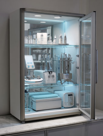 High-end clinic showcases premium aesthetic tools in a glass case with a spotlight, emphasizing sophistication and modernity in design and serviceの素材