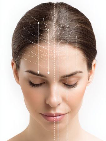 Scalp tightening process illustrated with arrows indicating treatment focus on upper head, presented on a clean white backdrop, emphasizing technique.の素材