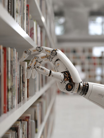 A robotic hand is carefully selecting a book from a neatly organized library shelf, highlighting the intersection of technology and literature.の素材