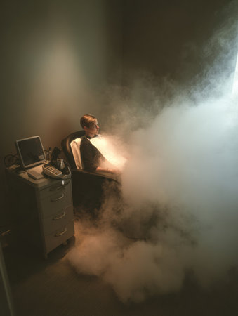 Client sits peacefully under steam facial machine in a cozy room filled with soft ambient light, creating a tranquil atmosphere for relaxation and rejuvenation.の素材