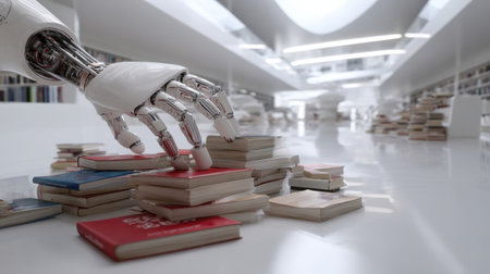 A robotic hand is shown selecting books from a stack in a sleek, modern library filled with towering shelves and bright, ambient lighting.の素材