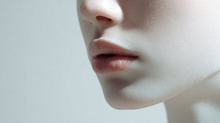 Bright white light accentuates porcelain skin, creating a striking view of smooth facial features, with the right section left blank and minimal shadows.の素材