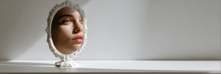 A womans radiant face reflects in an ornate mirror on a white table, exuding calm and elegance in a softly lit room.の素材