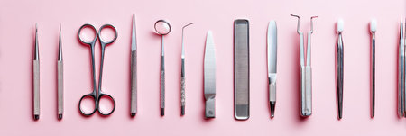 A set of aesthetic tools is organized in a straight line on a pastel pink surface, softly lit on one edge to enhance the serene ambiance.の素材