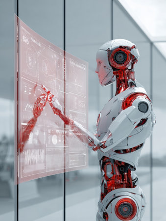 A humanoid robot engages with a glowing holographic interface, highlighting data and charts in a sleek, contemporary office setting filled with glass.の素材