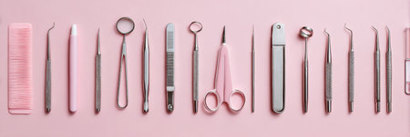 Neatly arranged grooming tools create a pleasing aesthetic on a pastel sterile background, enhanced by soft light illuminating the right edge.の素材