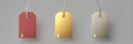 Three price tags in red, gold, and silver colors hang against a simple background, illustrating options for pricing and branding in retail settings.の素材