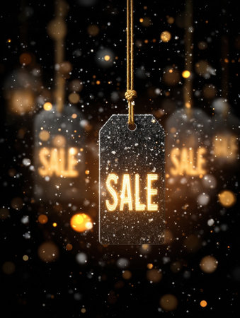 Sale tags glow warmly with a festive atmosphere, surrounded by bokeh lights and falling snow, inviting shoppers to enjoy discounts during the holidays.の素材