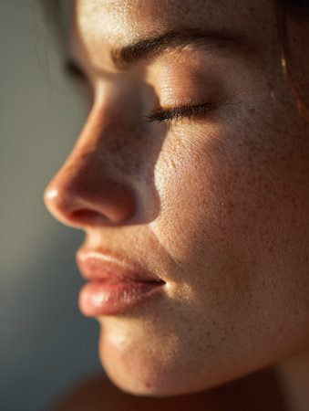 A womans face glows in morning light by a window, highlighting her relaxed features and creating a tranquil atmosphere.の素材