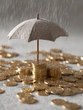 A small umbrella shelters piles of golden coins from simulated rain, creating a striking contrast between wealth and vulnerability in a studio environment.の素材