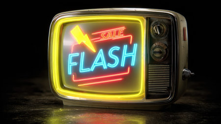 Neon flash sale sign illuminates a vintage television set, casting colorful reflections in a dimly lit background, creating an eye-catching advertisement.の素材