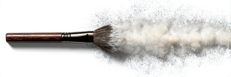 Powder brush gently disperses a delicate cloud of shimmer in a clean, minimal space, showing the fine texture and sparkle of the product.の素材