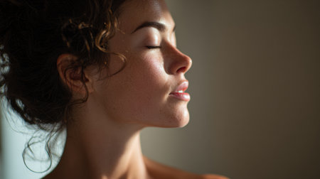 A confident woman sits peacefully, basking in soft lighting, reflecting on her recent beauty treatment in a calming spa environment.の素材