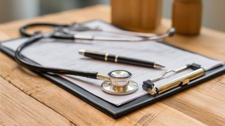 Medical instruments and a plastic surgery certificate are neatly arranged on a clipboard, with space for more info, ready for healthcare procedures.の素材
