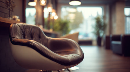 Inviting salon space featuring a stylish, open chair that enhances the welcoming ambiance along with soft, calming light filtering through the room.の素材