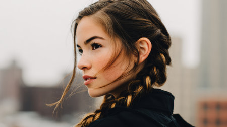 A detailed view of a side braid with warm natural hues, set against a softly blurred urban background, capturing a moment of serene beauty.の素材