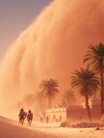 Riders on camels navigate through a desert as a massive sandstorm engulfs the landscape at sunset, surrounded by palm trees and ancient buildings.の素材