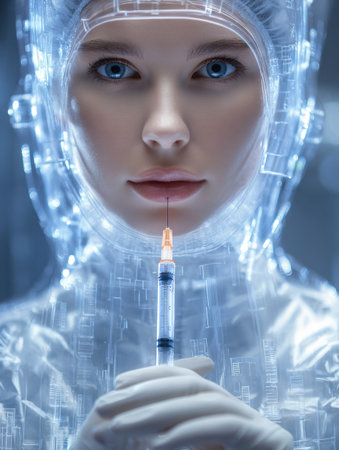 Skin specialist performs needleless mesotherapy in a clean and advanced setting, utilizing modern technology for effective skincare treatment.の素材