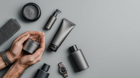 Hands are holding a small jar while various mens grooming products are displayed on a gray surface, creating an organized and stylish layout.の素材