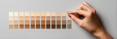A hand is actively choosing a skin tone from a range of swatches arranged in a neat row on a light background, highlighting the selection process.の素材