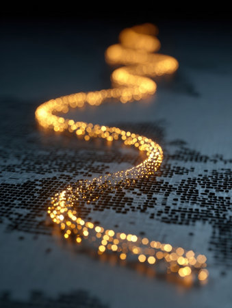 A beautiful golden light trail meanders over a textured surface, illuminated against dark pixelated patterns, creating a mesmerizing visual effect.の素材