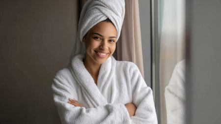 Woman with a towel on her head and smiling gently, enjoying the post-dermatology visit experience in a calm, spa-like setting with natural light.の素材