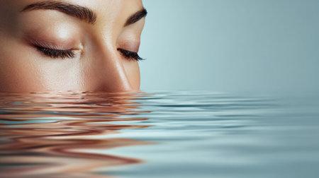 A healthy face reflects in calm water with ripples, symbolizing the balance and harmony of skincare. The serene scene invites relaxation and peace.の素材
