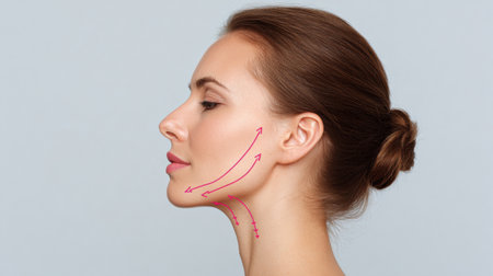 A silhouette highlights a womans profile with arrows indicating jawline correction against a soft pastel background.の素材