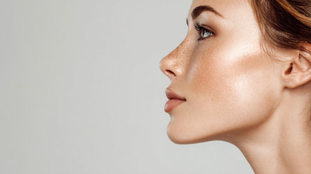 Side view highlights a healthy and radiant profile with clear skin pores, set against a soft gray background, providing a serene ambiance and focus.の素材