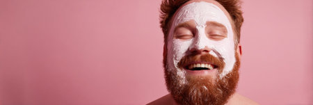 A man with a beard relaxes as he applies a facial mask, smiling joyfully against a soft pink backdrop, highlighting personal pampering and self-care.の素材