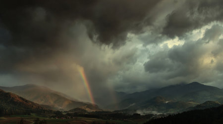 Dramatic storm clouds loom over mountains, while a bright rainbow and sun rays create a stunning view.の素材