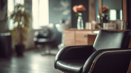 A salon environment showcasing a stylish open chair, inviting clients for relaxation. Soft light creates a calming atmosphere perfect for self-care.の素材