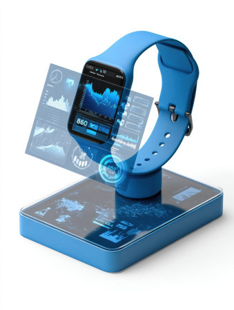 Device shows detailed analytics while charging, featuring a sleek design and blue tones in a contemporary environment showing casing technology integration.の素材