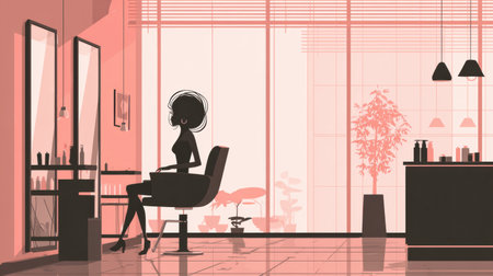 A modern salon showcases a stylish interior with a silhouette of a woman sitting in a chair, experiencing a hair styling session in a chic atmosphere.の素材