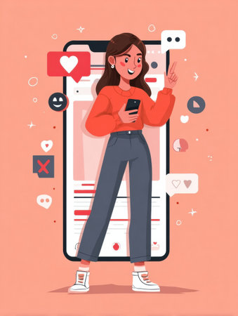 A young woman stands confidently with a smartphone in her hand, enjoying social media surrounded by playful icons in a modern pastel-themed environment.の素材