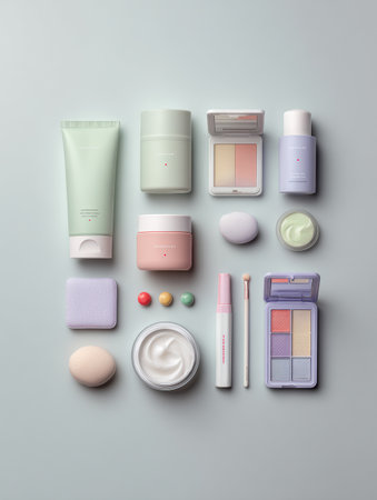 Variety of skincare and cosmetic products arranged in a sophisticated layout, showing pastel colors and providing a blank area for customization.の素材