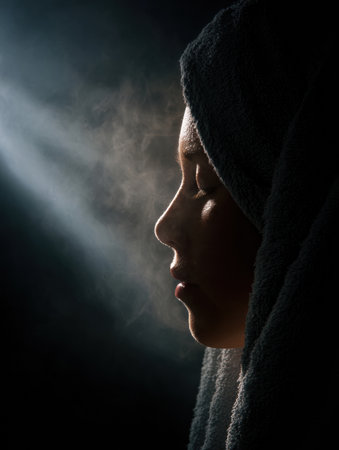 A calm moment during a steam facial session, showcasing a person with a towel over their head, enveloped in soft, ambient light and mist.の素材