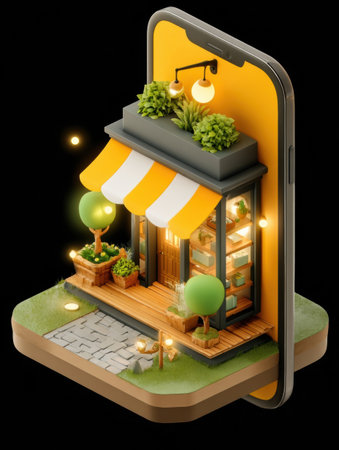 A bright and inviting storefront is emerging from a smartphone, showing lush greenery and warm lights, blending technology and nature creatively.の素材