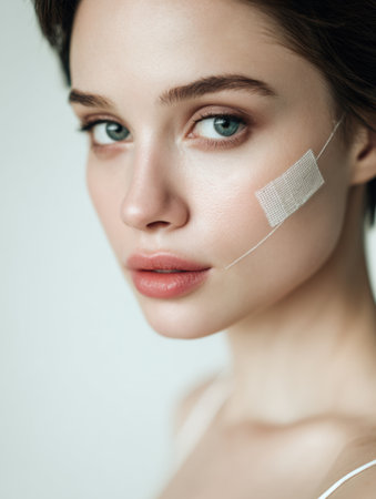 Close-up view of a woman with a medical patch on her cheek, indicating recent treatment. Her clear skin and focused expression suggest recovery and care.の素材