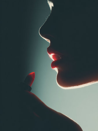 A woman applies glowing lipstick to her lips, creating a striking silhouette. The upper area is clean, showing an artistic representation of beauty.の素材