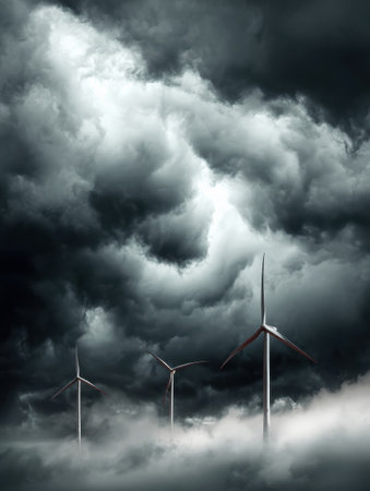 Wind turbines rise above low-lying fog, surrounded by ominous storm clouds swirling in the sky, signaling an approaching storm in a rural landscape.の素材