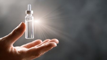 A hand gently holds an ampoule filled with vitamins, showing its importance in skin treatment against a soft, muted backdrop that enhances tranquility.の素材
