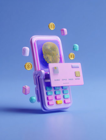 Illustration features a smartphone displaying biometric fingerprint authentication alongside floating currency symbols, emphasizing digital payment technology.の素材