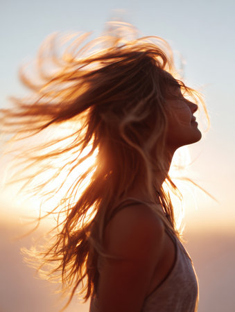 A woman joyfully flips her long hair in motion as the sun sets in the background, creating a warm and tranquil ambiance during dusk.の素材