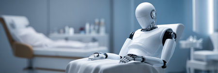 Robotic assistant rests in a modern aesthetic surgery room, surrounded by high-tech equipment while softly focused elements create a tranquil environment.の素材